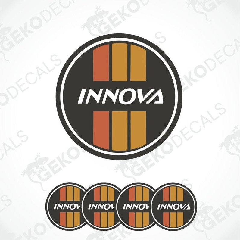 A set of four round vinyl stickers with a geometric pattern and the word 'INNOVA' on a white background.