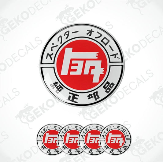 A set of white vinyl decals with the TOYOTA logo inred and black, including four different sizes intended for use as car wheel caps.