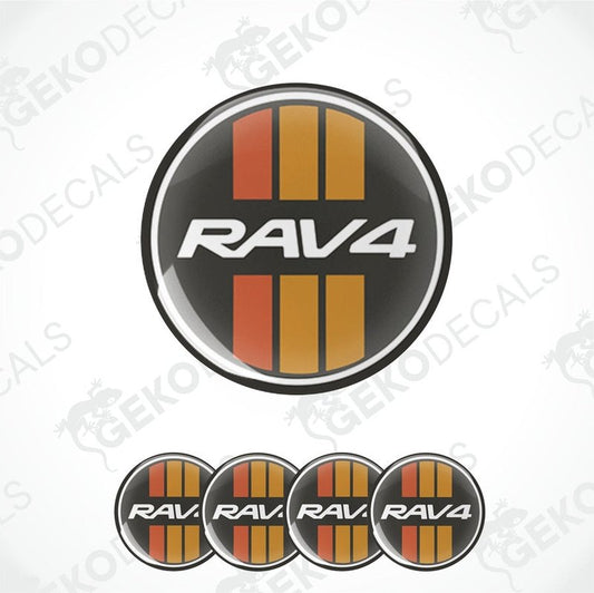 A set of round car decals with the text 'TOYOTA RAV 4' on them, displayed in a vertical arrangement.