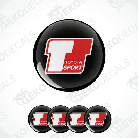 A set of four vinyl decals with polyurethane coating featuring the 'TOYOTA SPORT' logo in red and white on a black background.