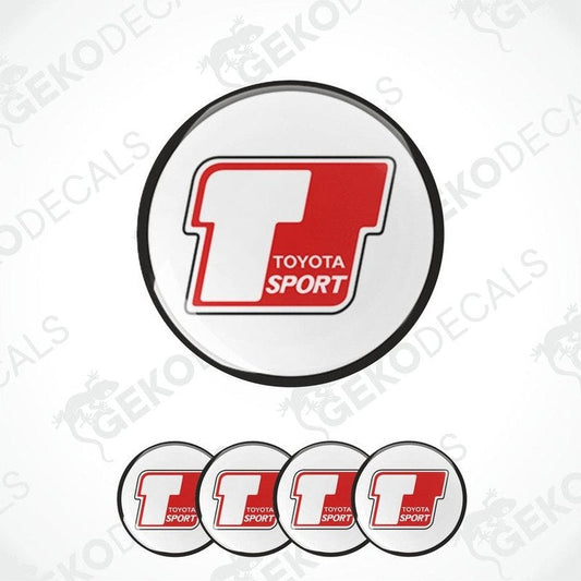 A set of vinyl decals with 'TOYOTA SPORT' text on them, presented in a circular arrangement, predominantly red and white in color.