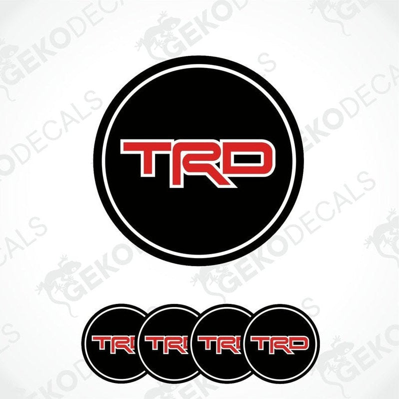 A set of four black vinyl decals with red 'TRD' logo, designed for use as car wheel stickers.