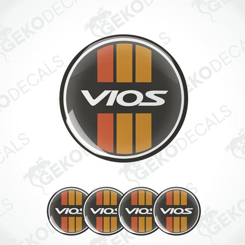 A set of four circular car decals with the text 'VIOS' and a striped pattern in black, red, and gray.
