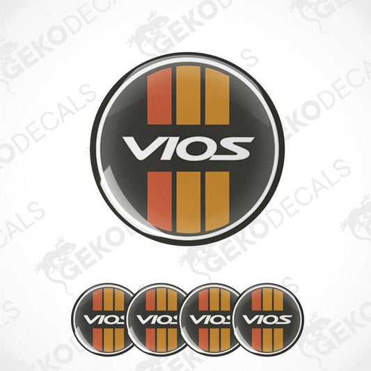 A set of four circular car decals with the text 'VIOS' and a striped pattern in black, red, and gray.