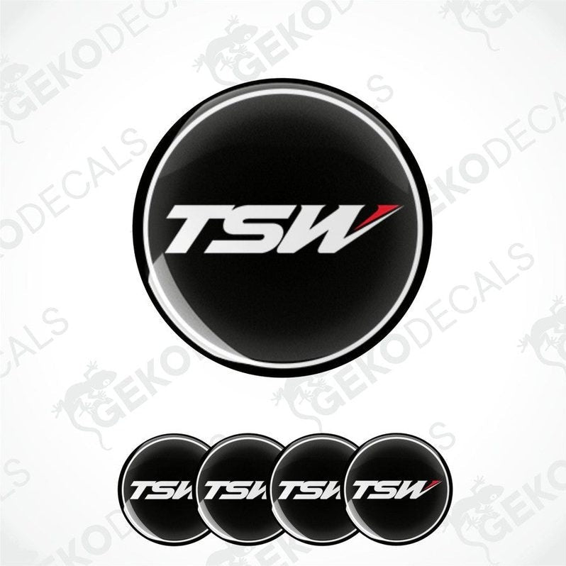 A set of four black vinyl stickers with the TSW logo, designed for use as car decals.