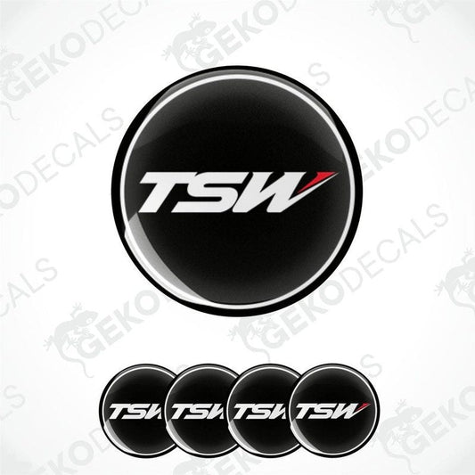 A set of four black vinyl stickers with the TSW logo, designed for use as car decals.