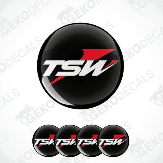 A set of four round car decals with the brand name 'TSW' in black, red, and white colors.