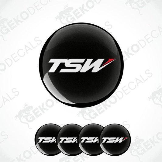 A set of four black vinyl decals with the logo 'TSW' in white letters.