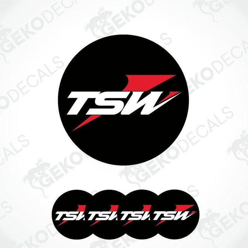 A set of four round car decals with the brand name 'TSW' in black, red, and white colors.