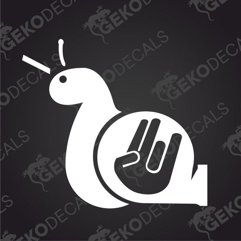 A white decal of a snail with a hand palm design on its back, with no background color.