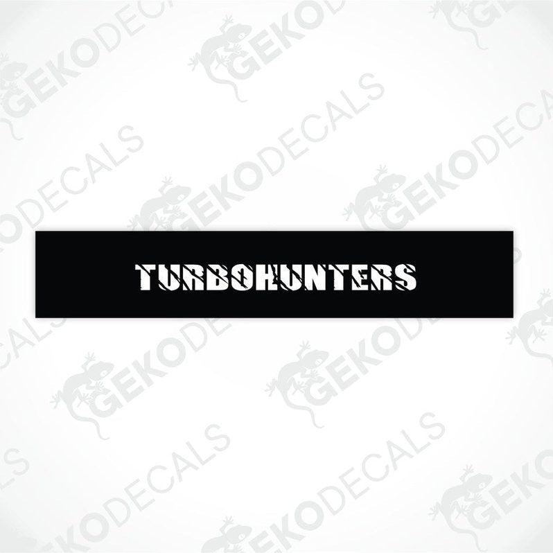 Black car windshield sun visor with white text TURBOHUNTERS
