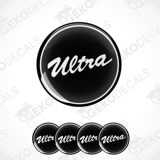 A set of four black vinyl stickers with the word 'ULTRA' written on them, displayed against a white background.