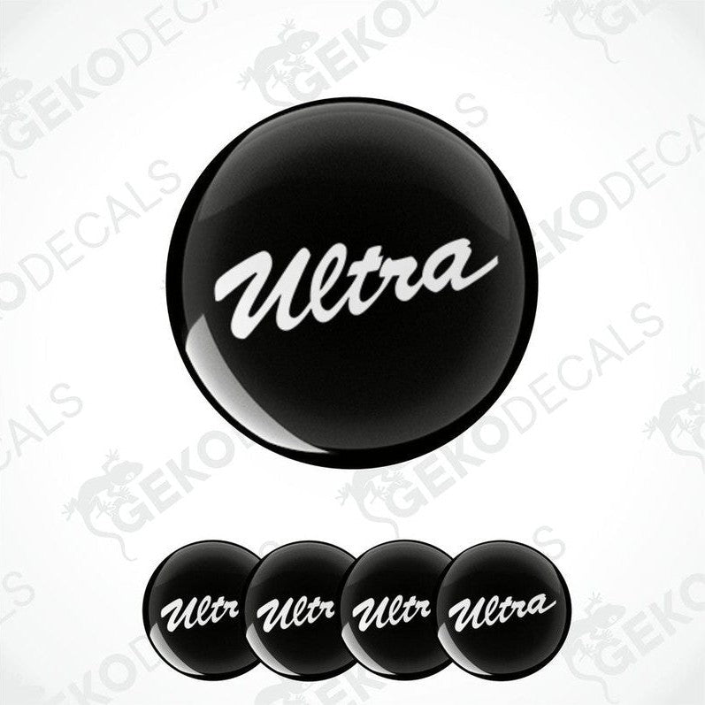 A set of four black vinyl stickers with the word 'ULTRA' written on them, displayed against a white background.