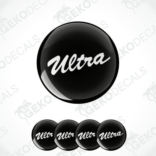 A set of four black vinyl stickers with the word 'ULTRA' written on them, displayed against a white background.