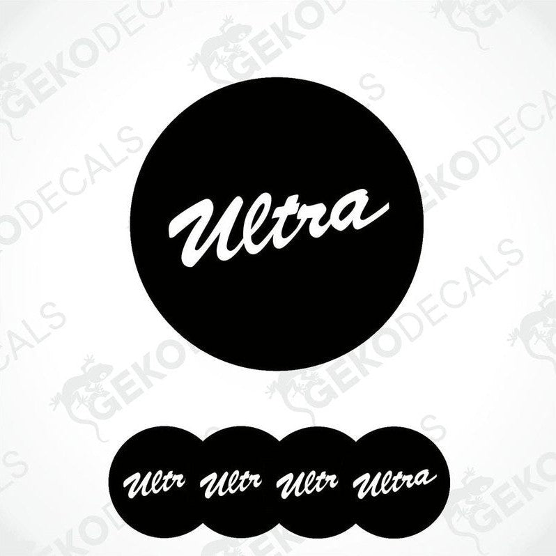 A set of four black vinyl stickers with the word 'ULTRA' written on them, displayed against a white background.