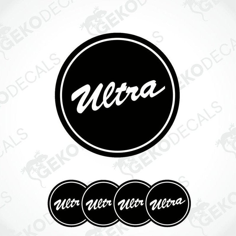 A set of four black vinyl stickers with the word 'ULTRA' written on them, displayed against a white background.