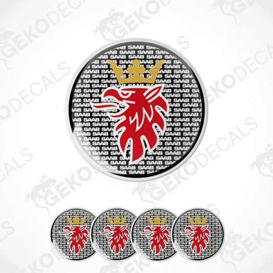 A set of four round vinyl stickers with a geometric pattern and a red-brown Saab emblem.