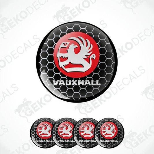 A set of vinyl decals with a polyurethane coating featuring the Vauxhall logo, displayed on a white background.