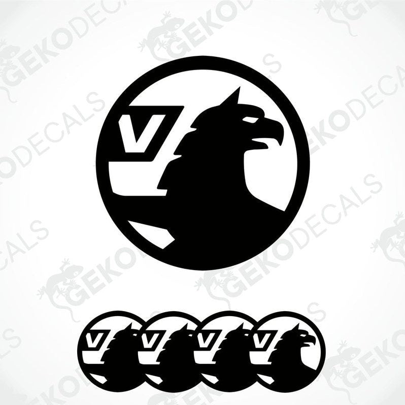 A set of black and white vinyl decals with a polyurethane coating, featuring a bird silhouette and the letter 'V', designed for use on vehicles.