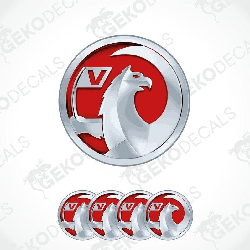 A set of four Vauxhall branded vinyl stickers with a silver and red design.
