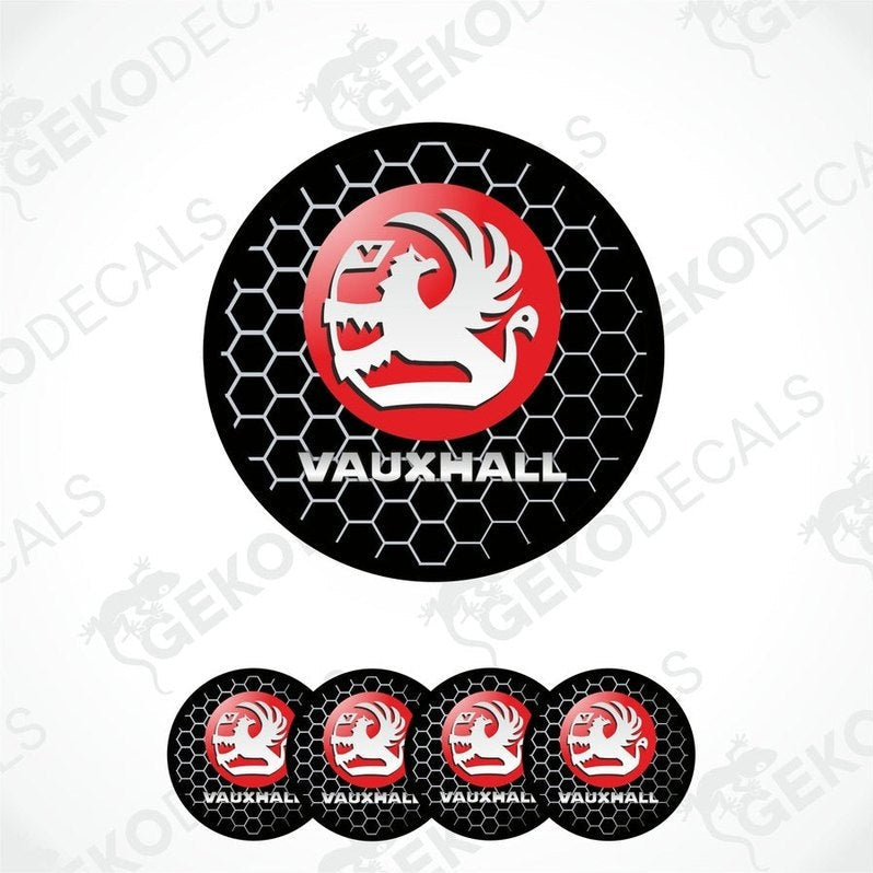 A set of vinyl decals with a polyurethane coating featuring the Vauxhall logo, displayed on a white background.