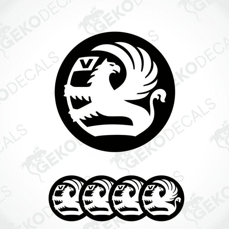 A set of black and white vinyl decals with a polyurethane coating, featuring a bird silhouette and the letter 'V', designed for use on vehicles.