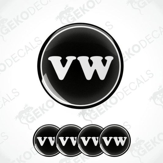A set of four black vinyl stickers with the word 'VW' in white, indicating a Volkswagen brand theme.