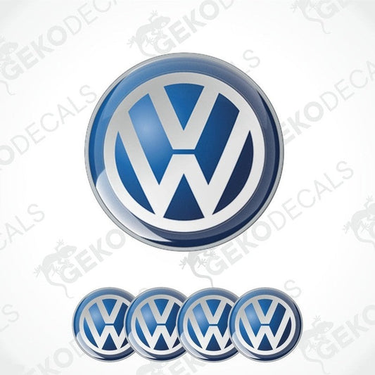 A set of four blue and white vinyl decals with the Volkswagen logo.