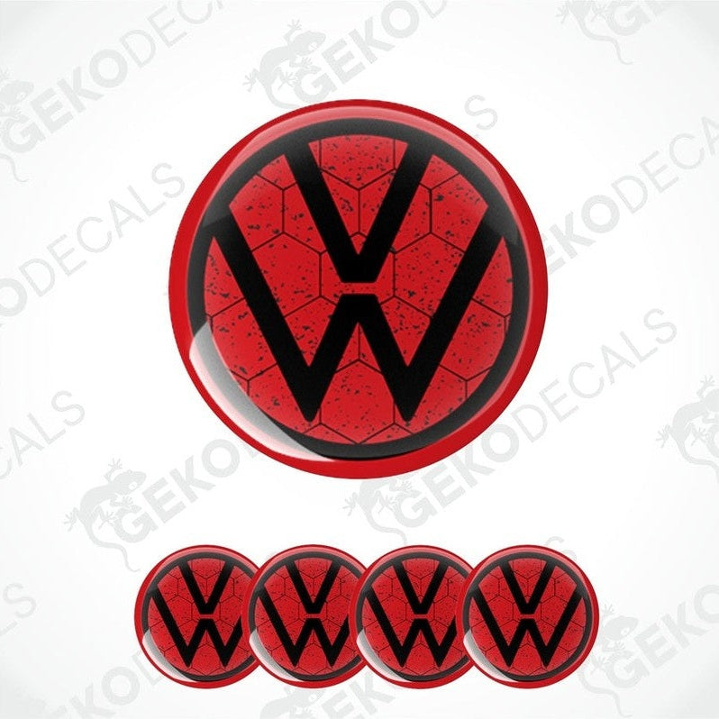 A set of four red and white volkswagen emblem stickers with a domed shape and a polyurethane coating.