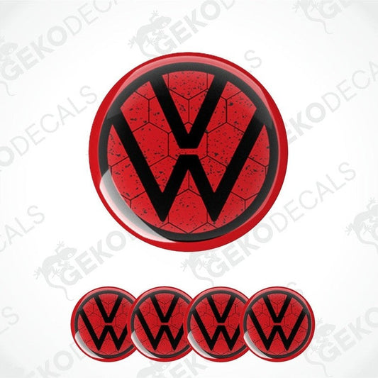 A set of four red and white volkswagen emblem stickers with a domed shape and a polyurethane coating.