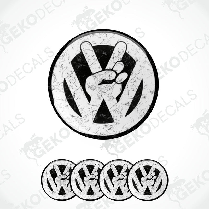 A set of four black and white vinyl decals with a polyurethane coating, featuring a prominent VW logo with a hand gesture inside the circle.