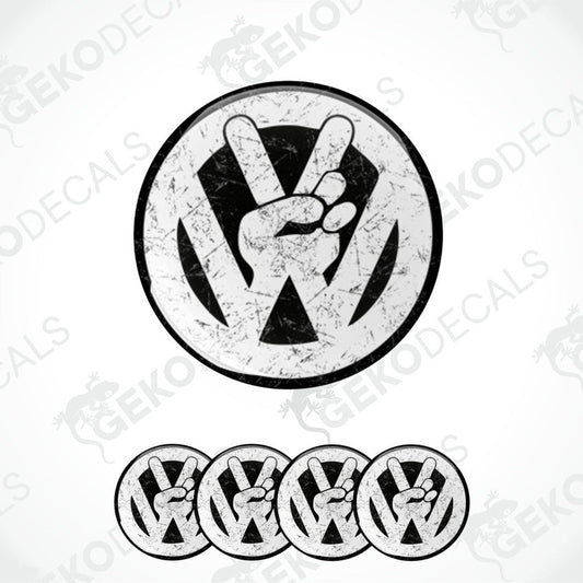 A set of four black and white vinyl decals with a polyurethane coating, featuring a prominent VW logo with a hand gesture inside the circle.