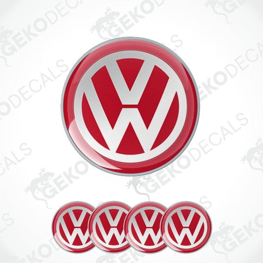 A set of four red and white volkswagen emblem stickers with a shiny finish and a brand logo in the center.