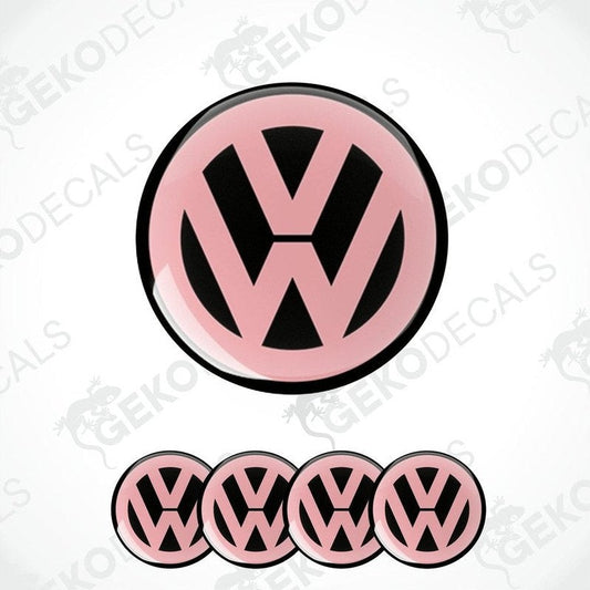 A set of four pink and black vinyl stickers with a dome shape, featuring the Volkswagen logo.