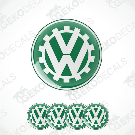 A set of four green vinyl stickers with the VOLKSWAGEN logo, including a hood ornament and three smaller decals.
