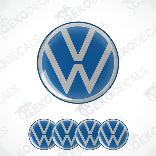 A set of blue vinyl decals with the Volkswagen logo, including one large dome decal and four smaller ones.