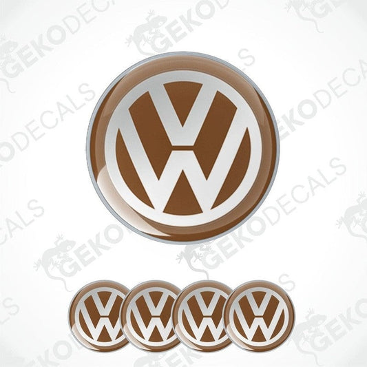 A set of four brown and white vinyl stickers with a dome shape, featuring the Volkswagen logo.