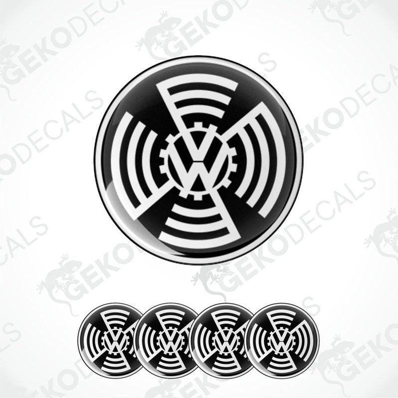 A set of four black vinyl stickers with a geometric pattern and the VOLKSWAGEN brand logo.