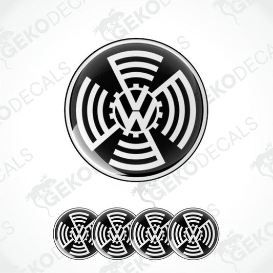 A set of four black vinyl stickers with a geometric pattern and the VOLKSWAGEN brand logo.