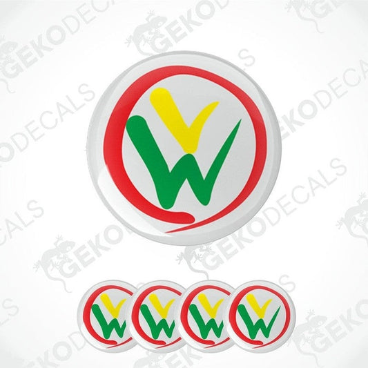 A set of four red, green, and white vinyl stickers with a polyurethane coating, including the VOLKSWAGEN brand logo.