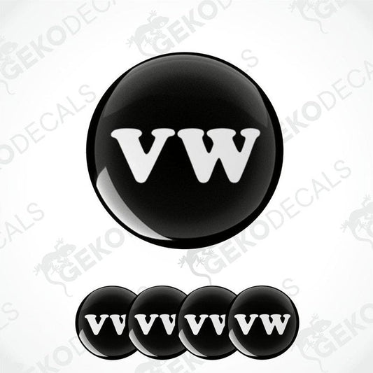 A set of four black vinyl stickers with the word 'VW' in white, indicating a Volkswagen brand theme.