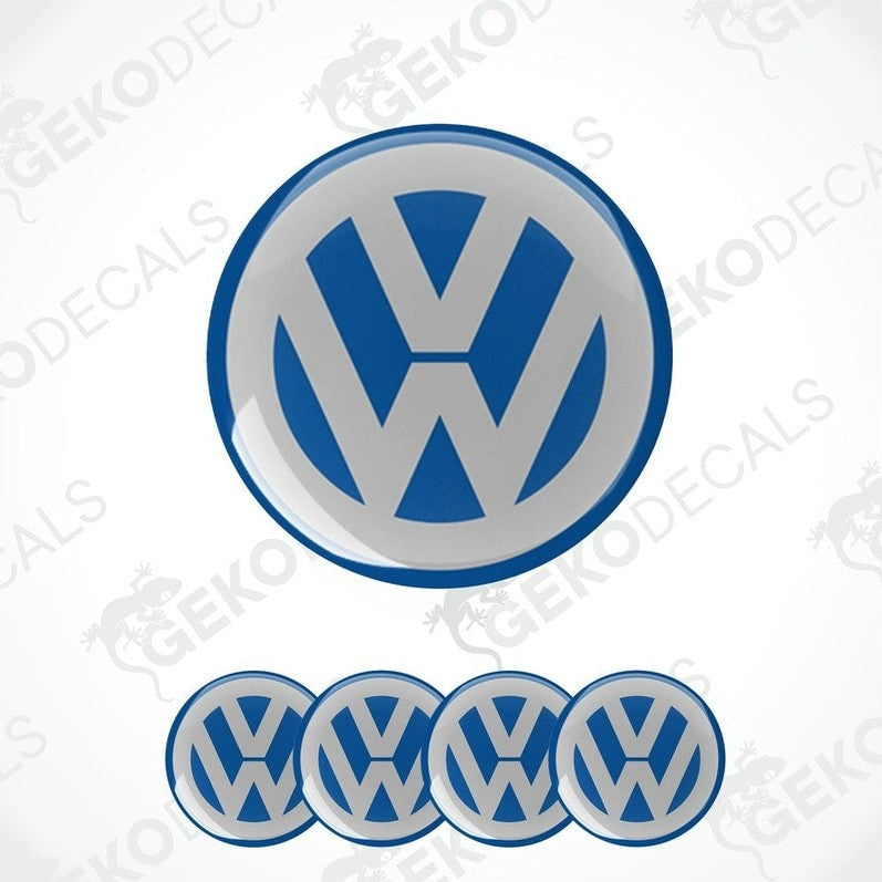 A set of four blue and grey vinyl stickers with a dome shape, featuring the Volkswagen logo.