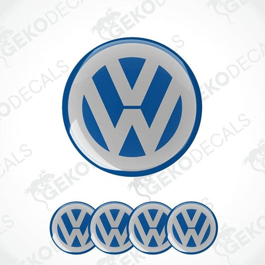 A set of four blue and grey vinyl stickers with a dome shape, featuring the Volkswagen logo.