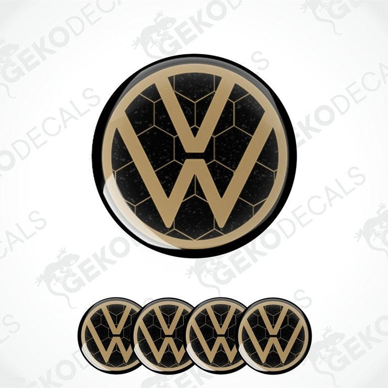 A set of four black, brown, and white vinyl stickers with a geometric pattern forming the VOLKSWAGEN logo.