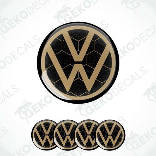 A set of four black, brown, and white vinyl stickers with a geometric pattern forming the VOLKSWAGEN logo.