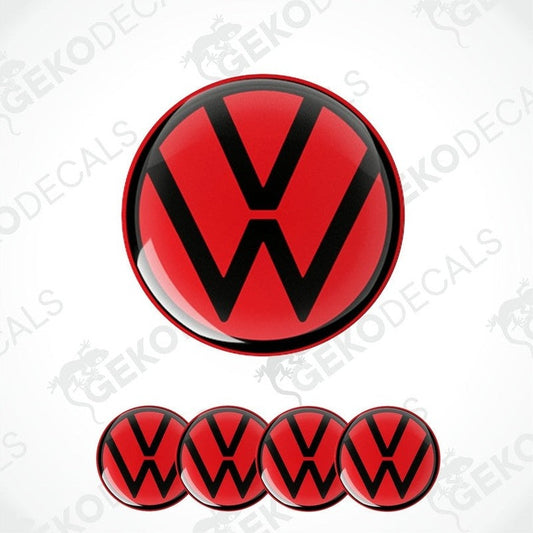 A set of red vinyl decals with the Volkswagen logo, including one large dome decal and four smaller ones.