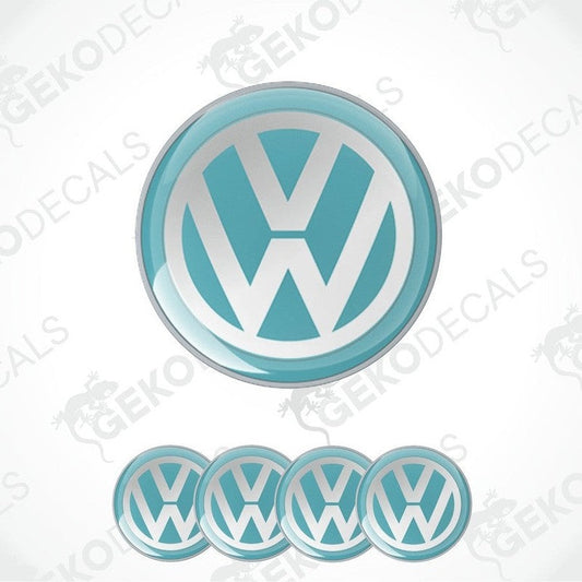 A set of four blue and white dome-shaped vinyl decals with the Volkswagen logo.