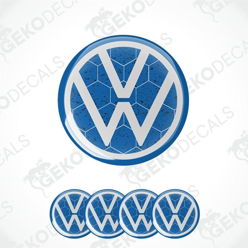 A set of four blue vinyl stickers with a geometric pattern forming the VOLKSWAGEN emblem.