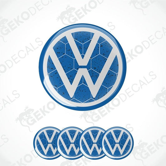 A set of four blue vinyl stickers with a geometric pattern forming the VOLKSWAGEN emblem.