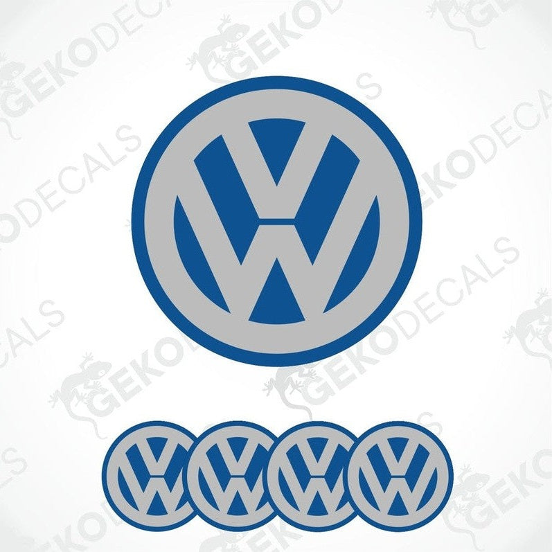 A set of four blue and grey vinyl stickers with a dome shape, featuring the Volkswagen logo.